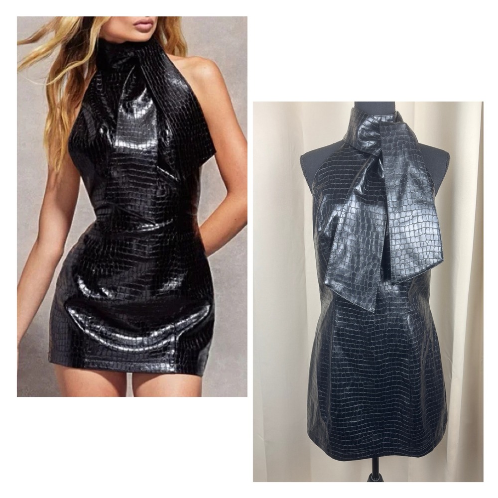 PrettyLittleThing xNaomi Campbell Black Faux Leather Croc Mini Dress Open Back 8
